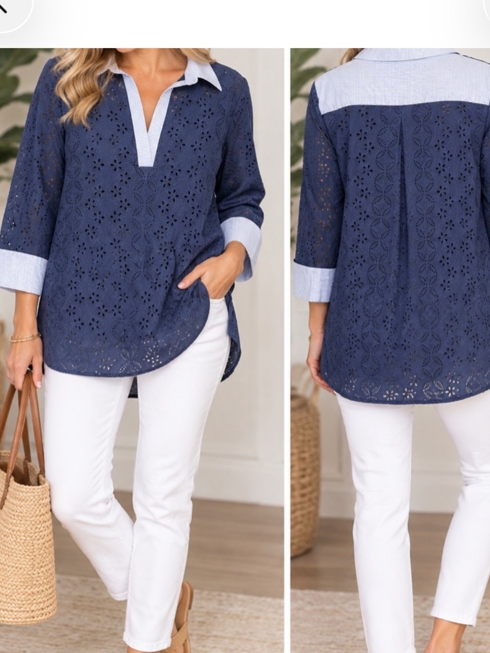 Vineyard Vines Navy Eyelet Tunic Top Detachable Cami Striped Collar Preppy XL